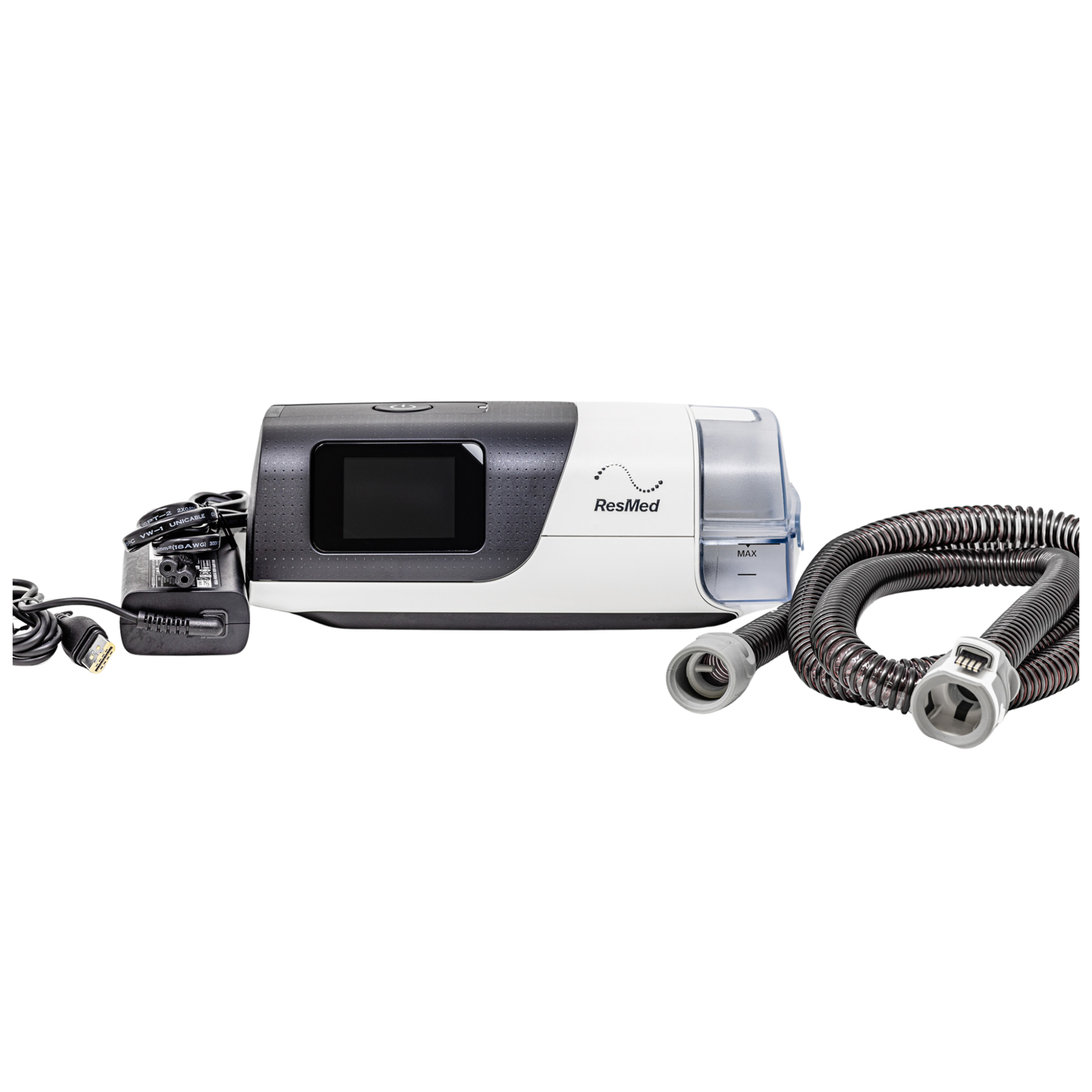 ResMed CPAP machine with hoses on a white background