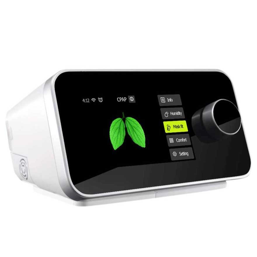 A front view of the Resvent IBreeze Auto CPAP Machine with a heated humidifier, displaying its touch screen interface andKnob navigation.