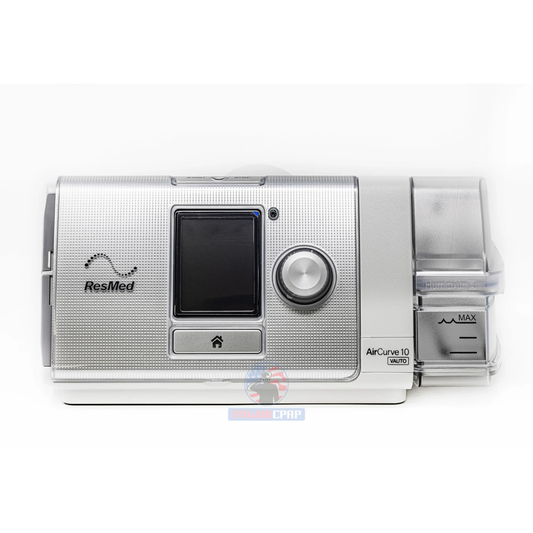 ResMed AirCurve 10 CPAP machine on a white background